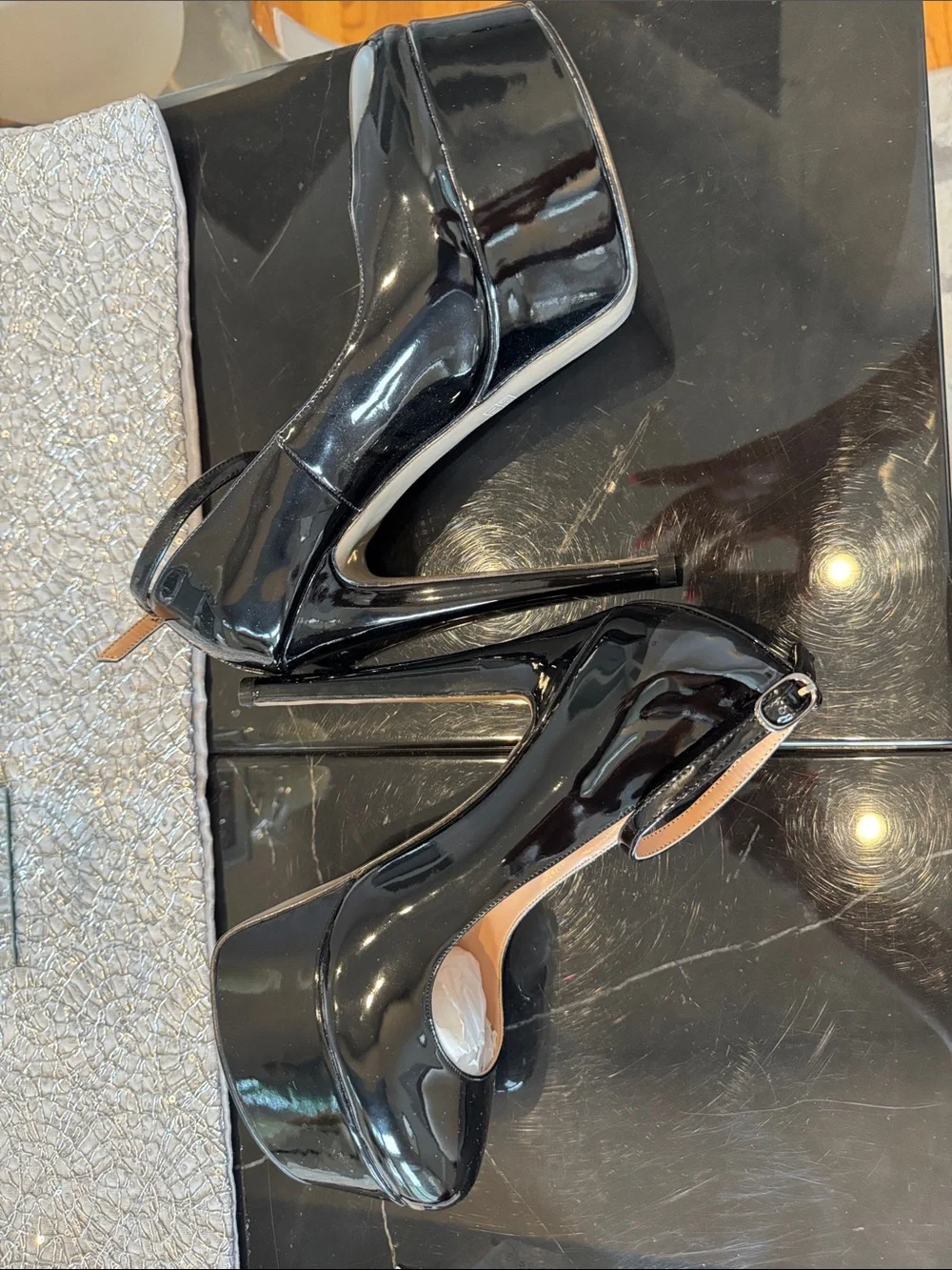 Black Patent Platform Ankle-Strap Pumps by VAYDERNS